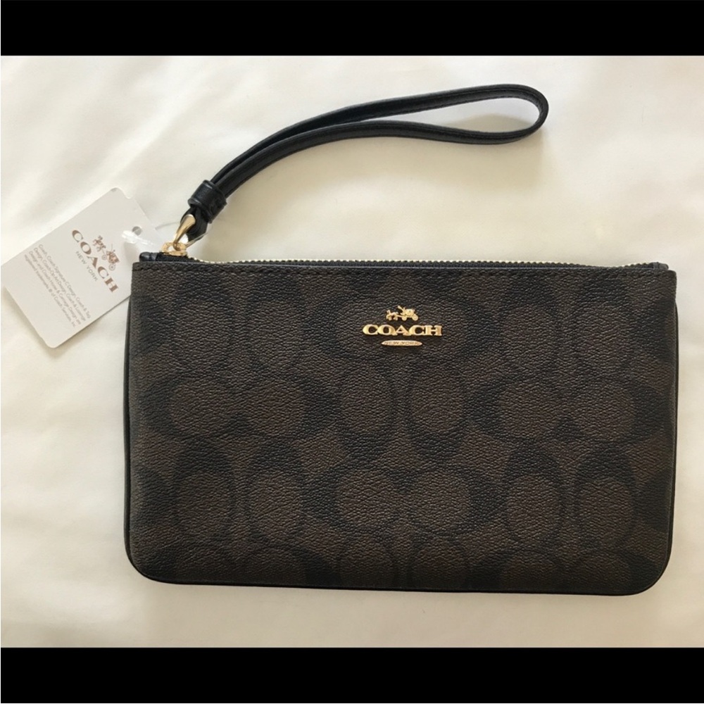 Coach Brown signature monogram large Wristlet fits phone nwt